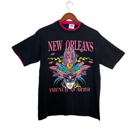 VTG New Orleans French Quarter Puff Print Black and Pink Shirt Mardi Gras-Size M - Picture 1 of 10